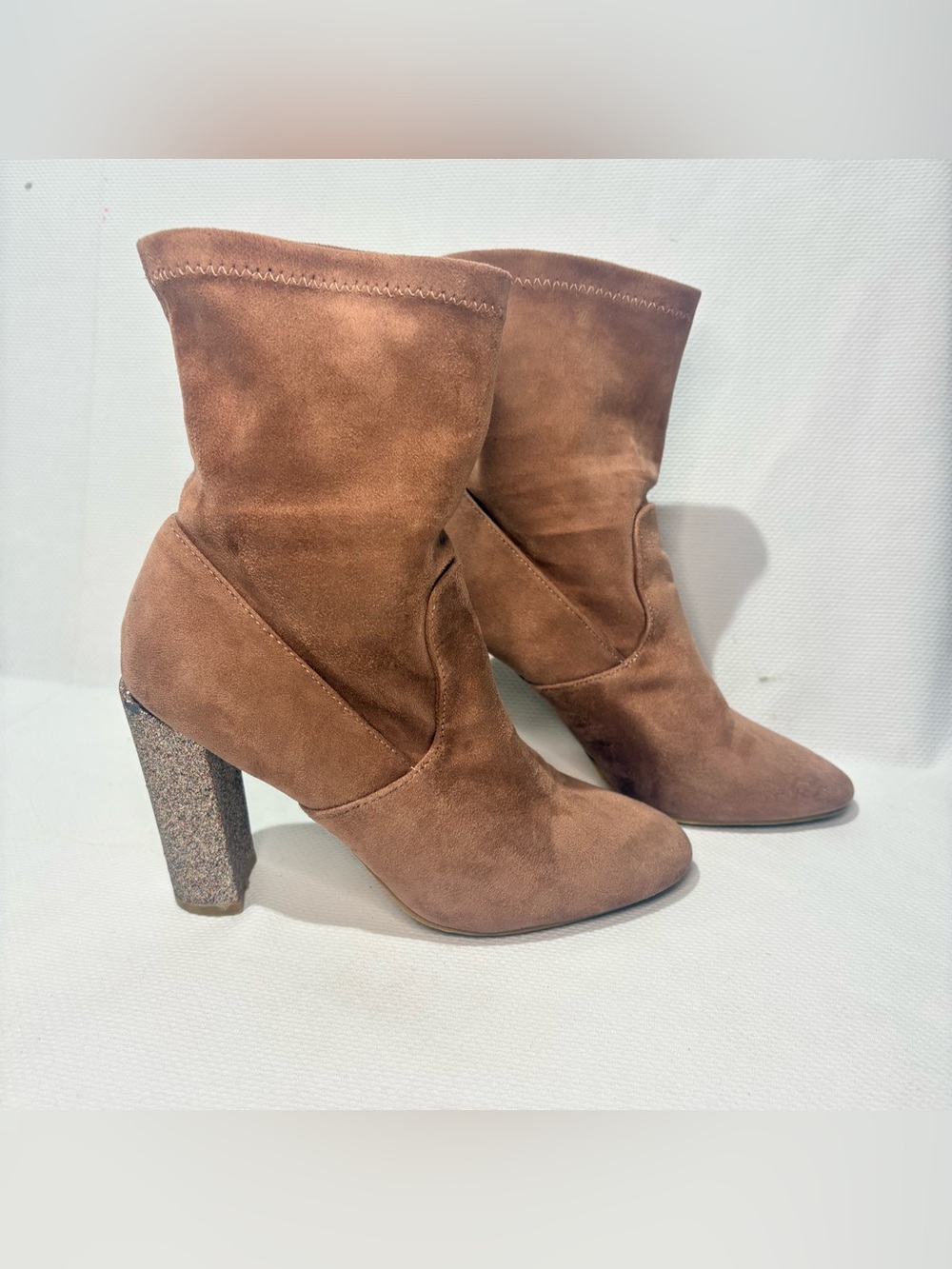 Hot Kiss Tan Suede Mid-Calf Heeled Boots with Glitter Block Heel